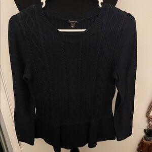 Talbots Navy Cable-Knit Peplum Crewneck Sweater